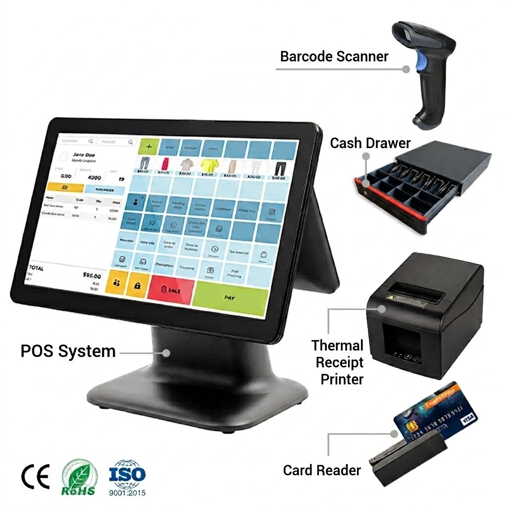 POS Software & Hardware Complete Package with Touch Screen 15-Inch Capacitive All-in-One for Restaurant, Retail Store, Super Market