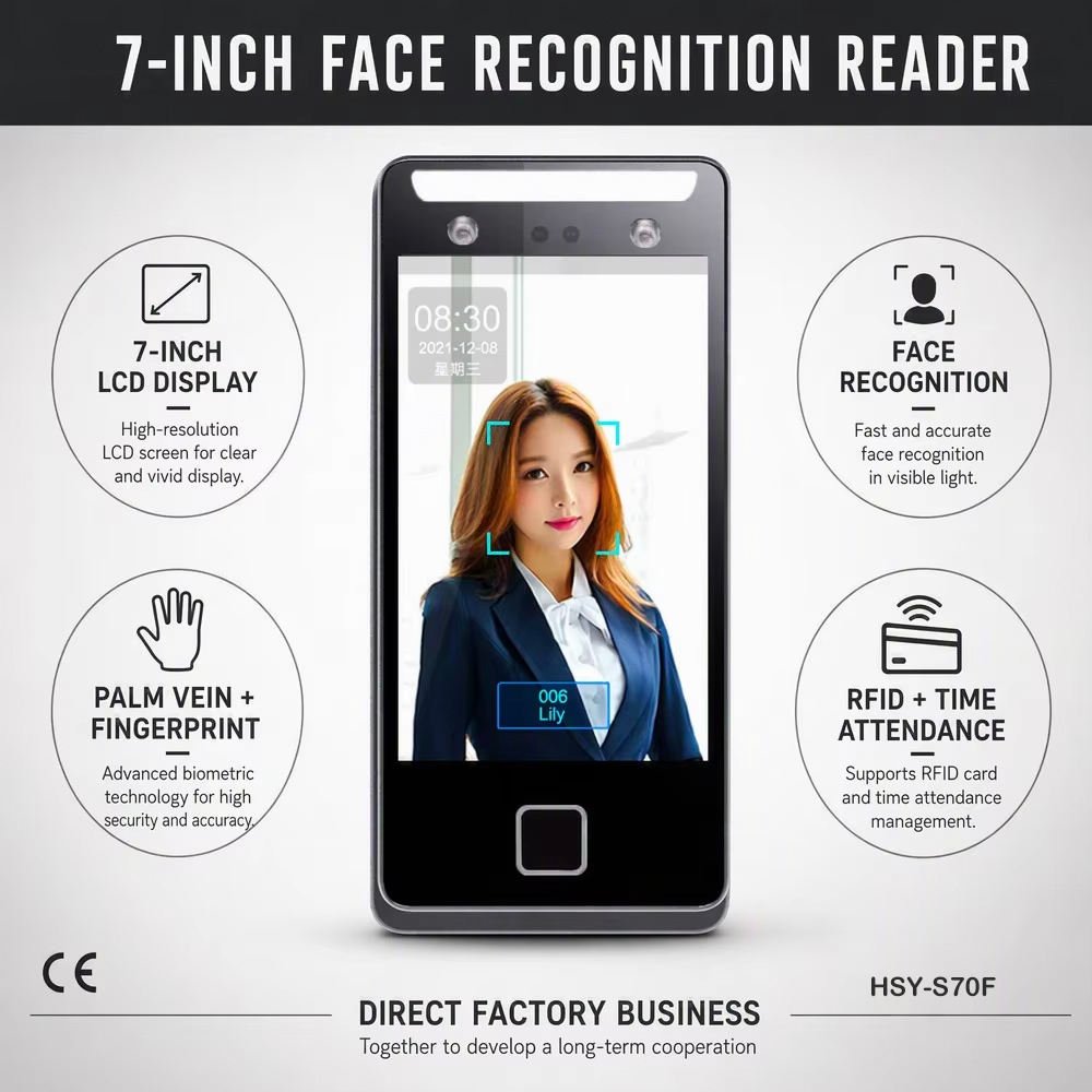 TUYA 7-Inch LCD Dynamic Face Recognition Access Control System with Palm Vein, Fingerprint, RFID & Time Attendance